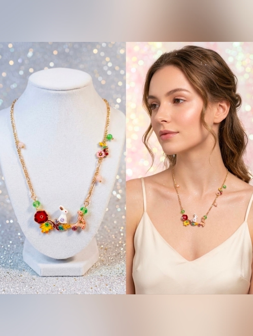 Gold plated multicolor flower fern white rabbit mushroom necklace